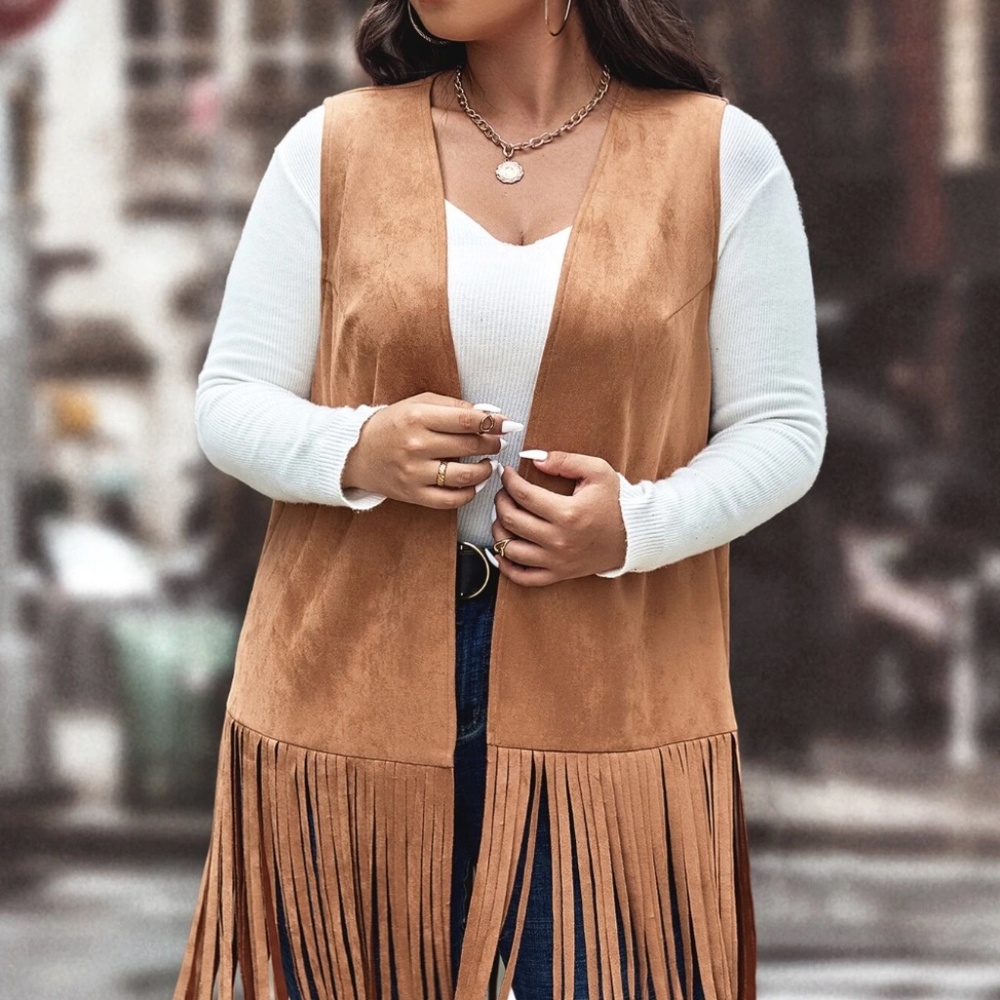 Open Front Fringe Hem Faux Suede Vest Plus Size
